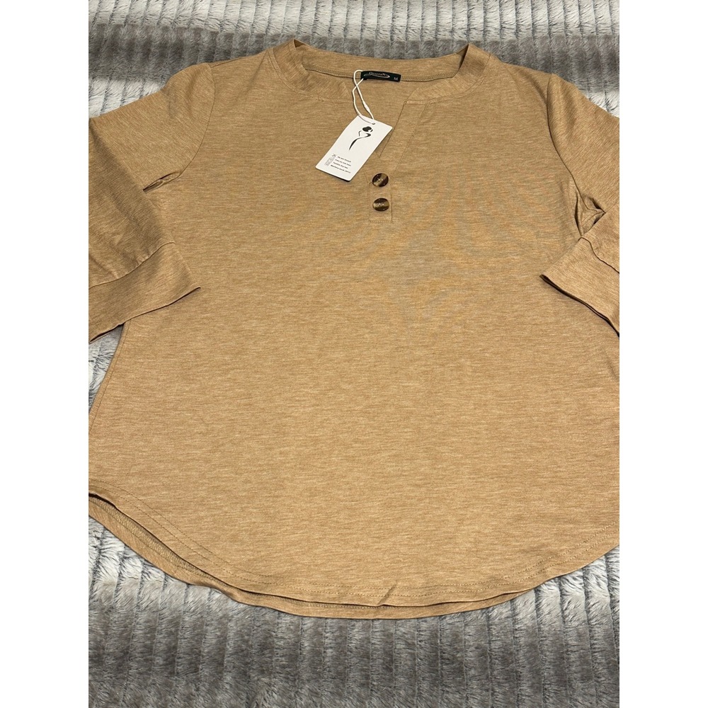 Ofeefan Womens Camel Tan Henley Top 3/4 Sleeve V-Neck Button Knit Shirt Size M